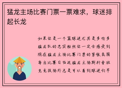 猛龙主场比赛门票一票难求，球迷排起长龙