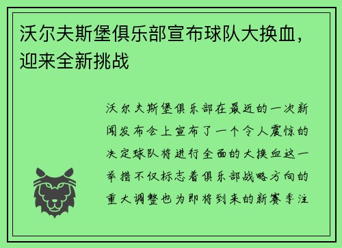 沃尔夫斯堡俱乐部宣布球队大换血，迎来全新挑战