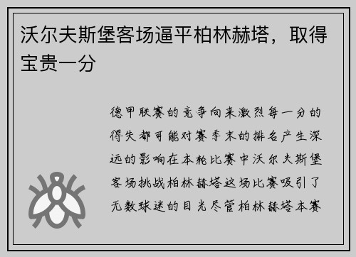 沃尔夫斯堡客场逼平柏林赫塔，取得宝贵一分