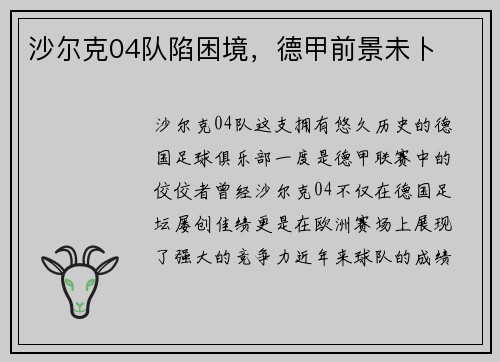 沙尔克04队陷困境，德甲前景未卜
