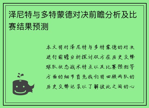 泽尼特与多特蒙德对决前瞻分析及比赛结果预测