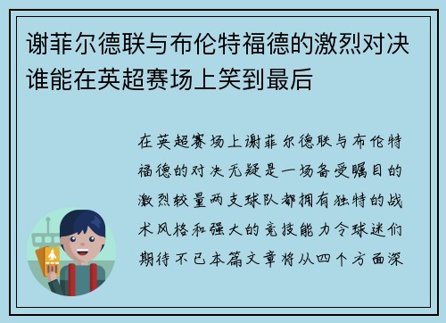 谢菲尔德联与布伦特福德的激烈对决谁能在英超赛场上笑到最后