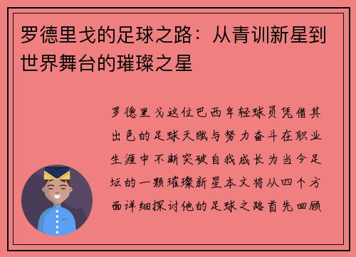 罗德里戈的足球之路：从青训新星到世界舞台的璀璨之星