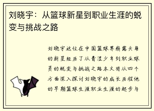 刘晓宇：从篮球新星到职业生涯的蜕变与挑战之路