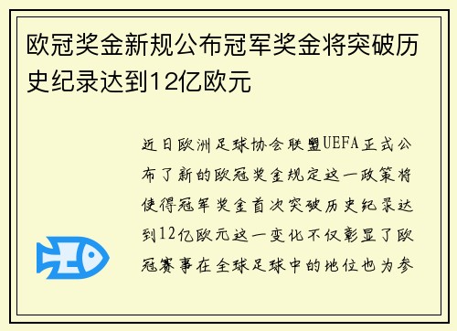欧冠奖金新规公布冠军奖金将突破历史纪录达到12亿欧元