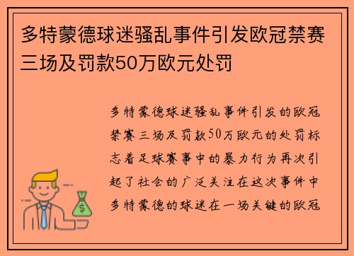 多特蒙德球迷骚乱事件引发欧冠禁赛三场及罚款50万欧元处罚