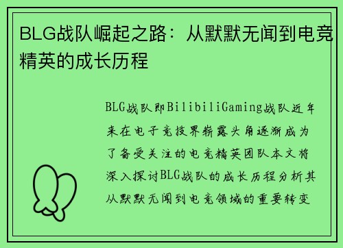 BLG战队崛起之路：从默默无闻到电竞精英的成长历程