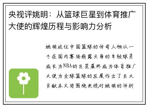央视评姚明：从篮球巨星到体育推广大使的辉煌历程与影响力分析
