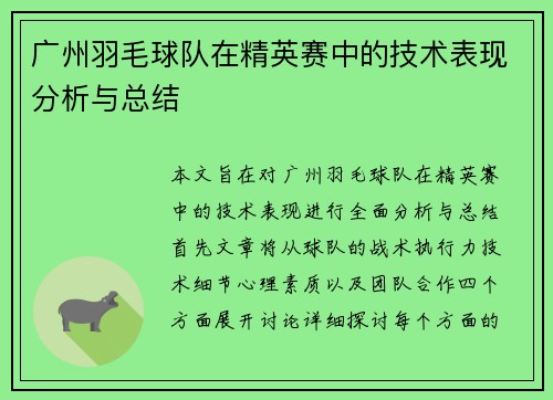 广州羽毛球队在精英赛中的技术表现分析与总结