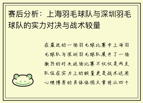 赛后分析：上海羽毛球队与深圳羽毛球队的实力对决与战术较量