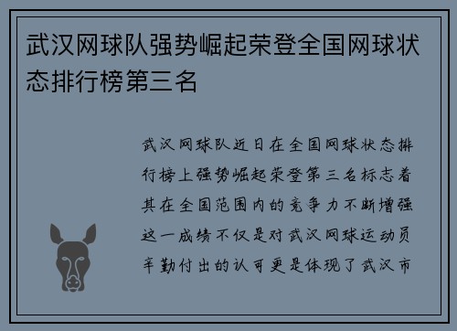 武汉网球队强势崛起荣登全国网球状态排行榜第三名